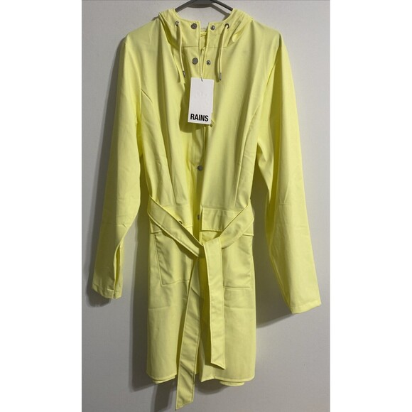 Rains Jacket Curve W Women's L Yellow Snap Button Pockets Hooded Belted NEW - Picture 1 of 10